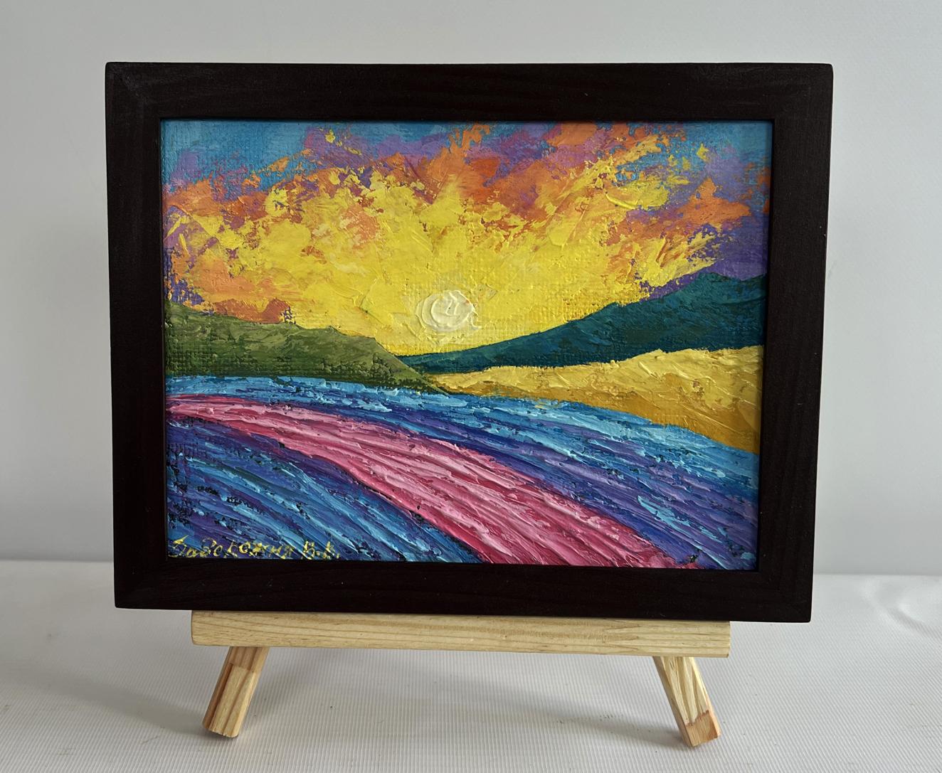 Vibrant oil painting Yellow lights of sunset by V. Zadorozhnya in black frame