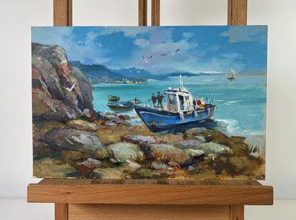Oil painting of vibrant blue fishing boat on rocky shores by Yuriy Suprunchuk