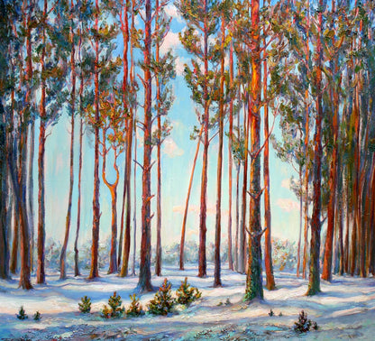 Oil painting of serene winter pine forest by Leonid Pavlenko