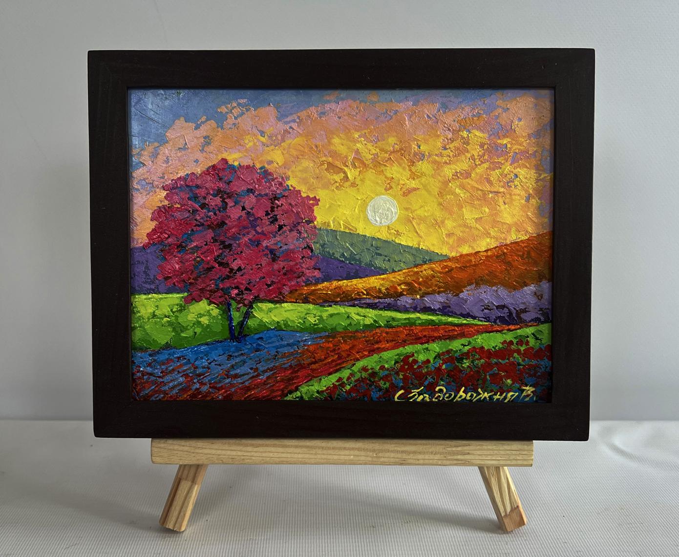 Oil painting Path to the mountain valley by V. Zadorozhnya, pink tree sunset