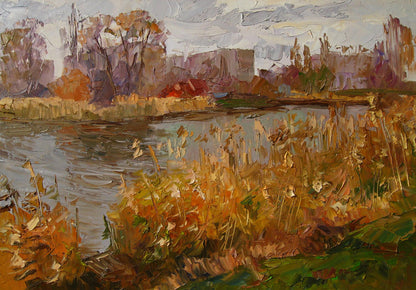 Oil painting Autumn river by Boris Serdyuk with impasto fall colors