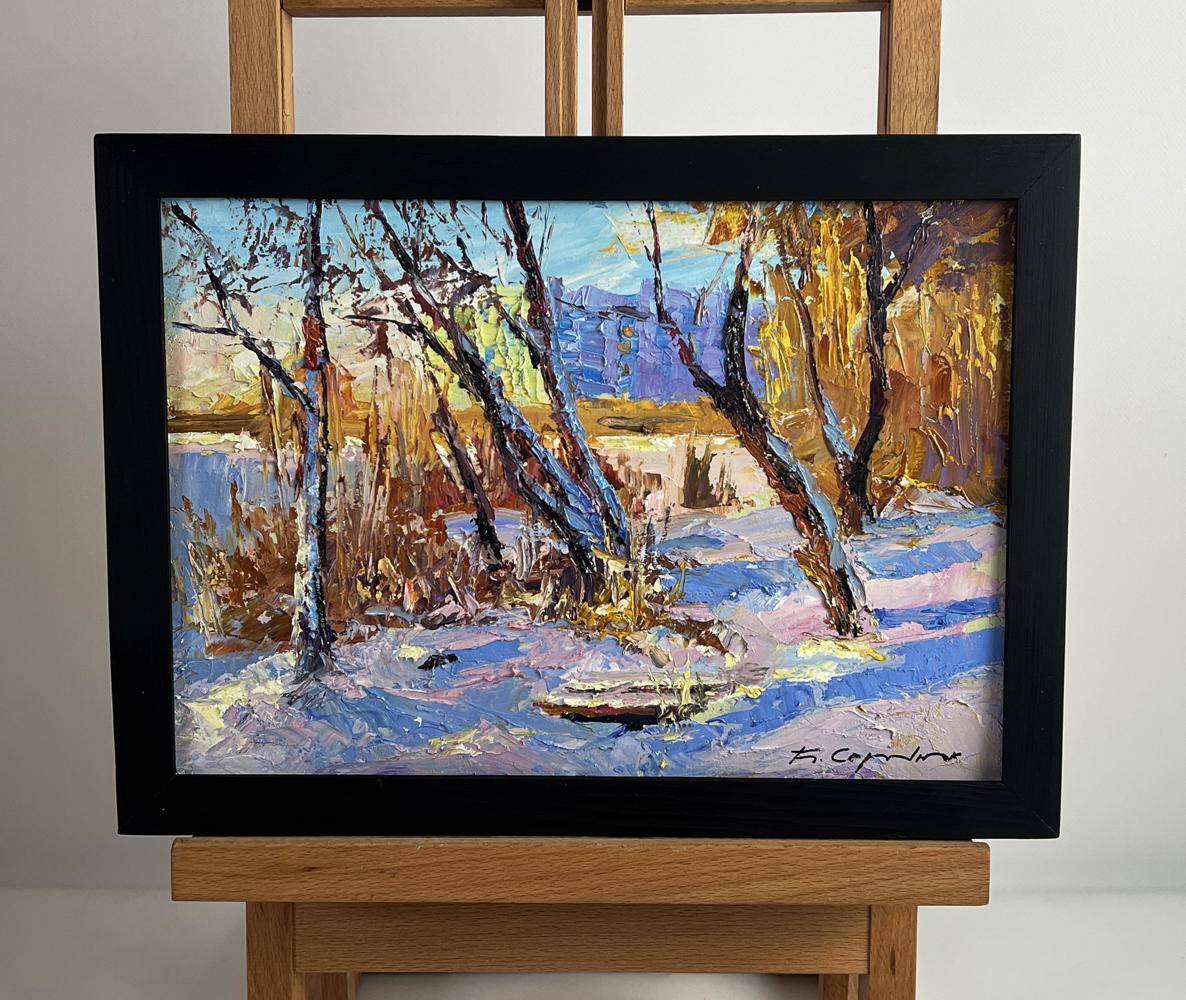 Oil painting In the winter forest by Boris Serdyuk in black frame