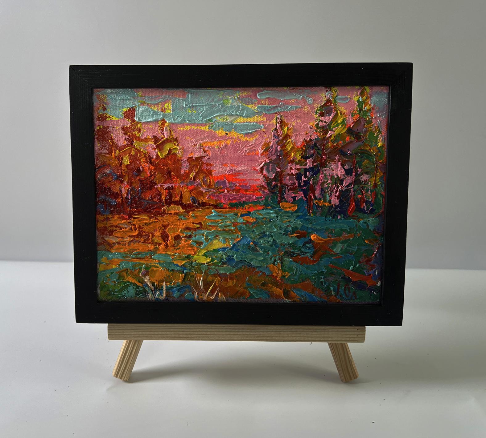 Oil painting Pink evening sunset by Oleksiy Ivanyuk in black frame