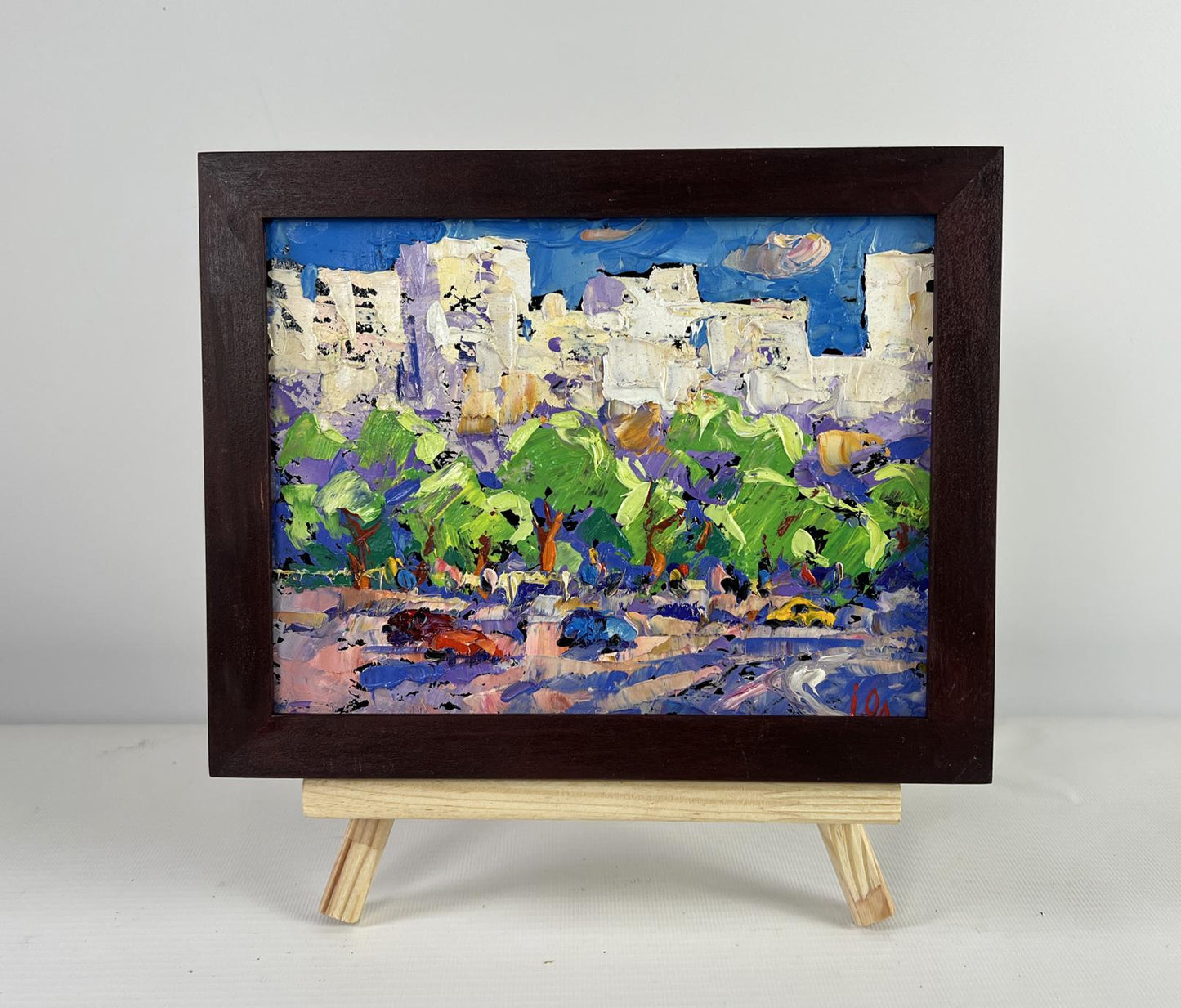 Vibrant impressionist oil painting Big city lights by Oleksiy Ivanyuk in dark wood frame
