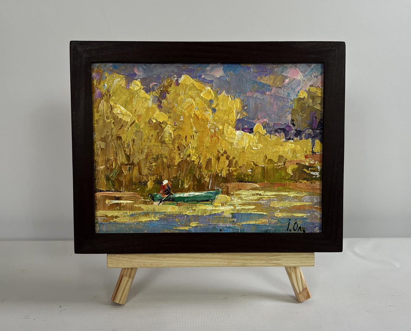 Oil painting On the autumn lake by Oleksiy Ivanyuk in dark wood frame