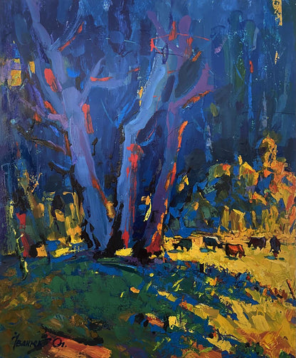 Vibrant Oleksiy Ivanyuk oil painting In the shade of the sedges with bold blues
