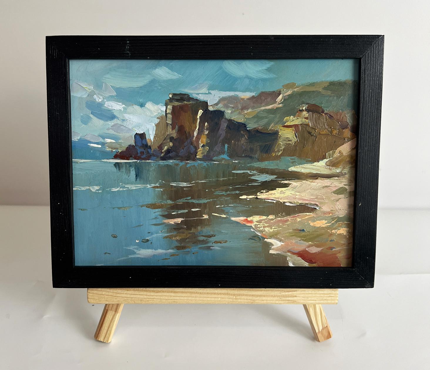Oil painting The coast near the mountains by Yuriy Suprunchuk in black frame