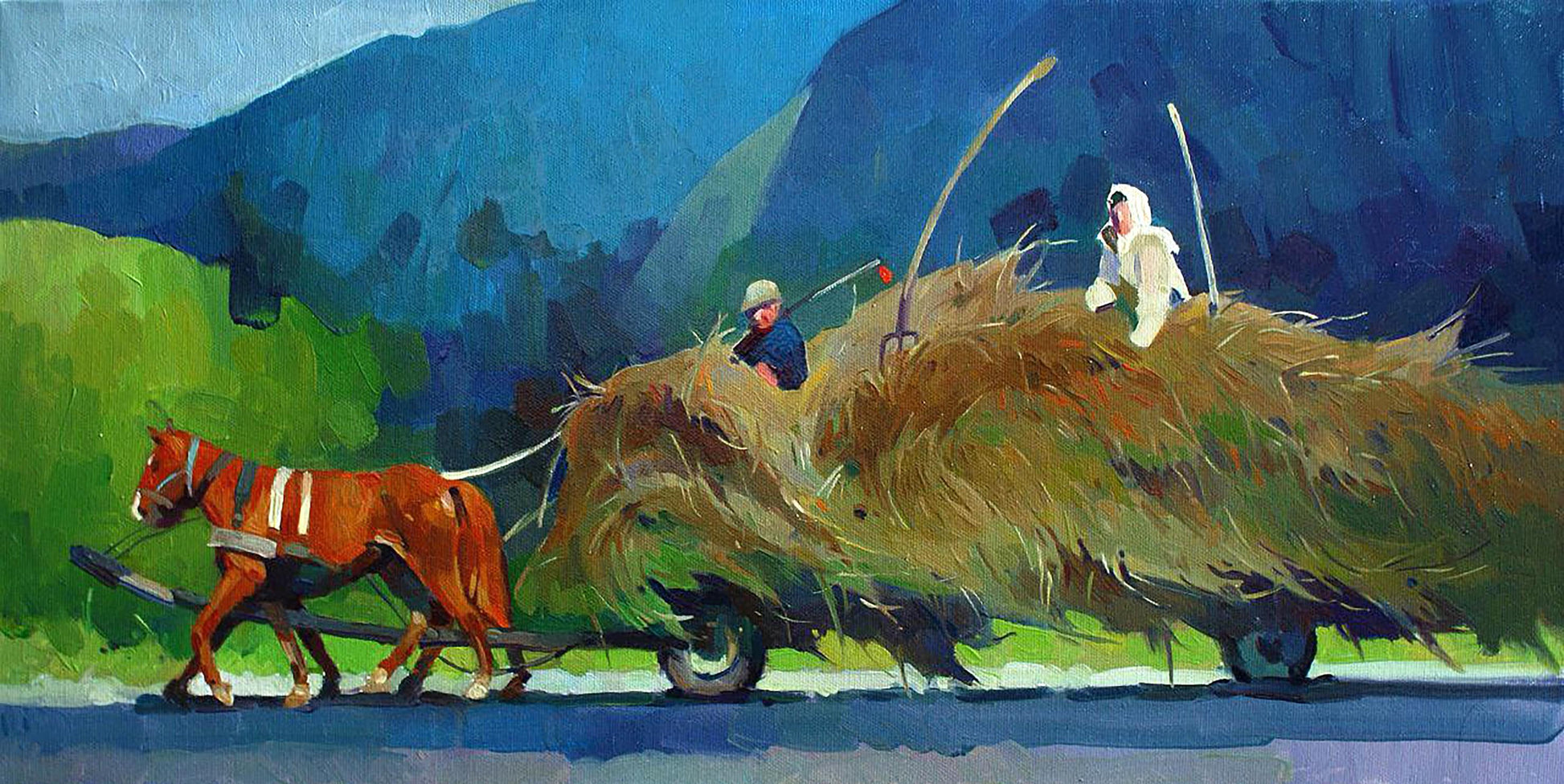Oil painting by Anastasia Yaroshevich: brown horse pulls hay cart in mountain field