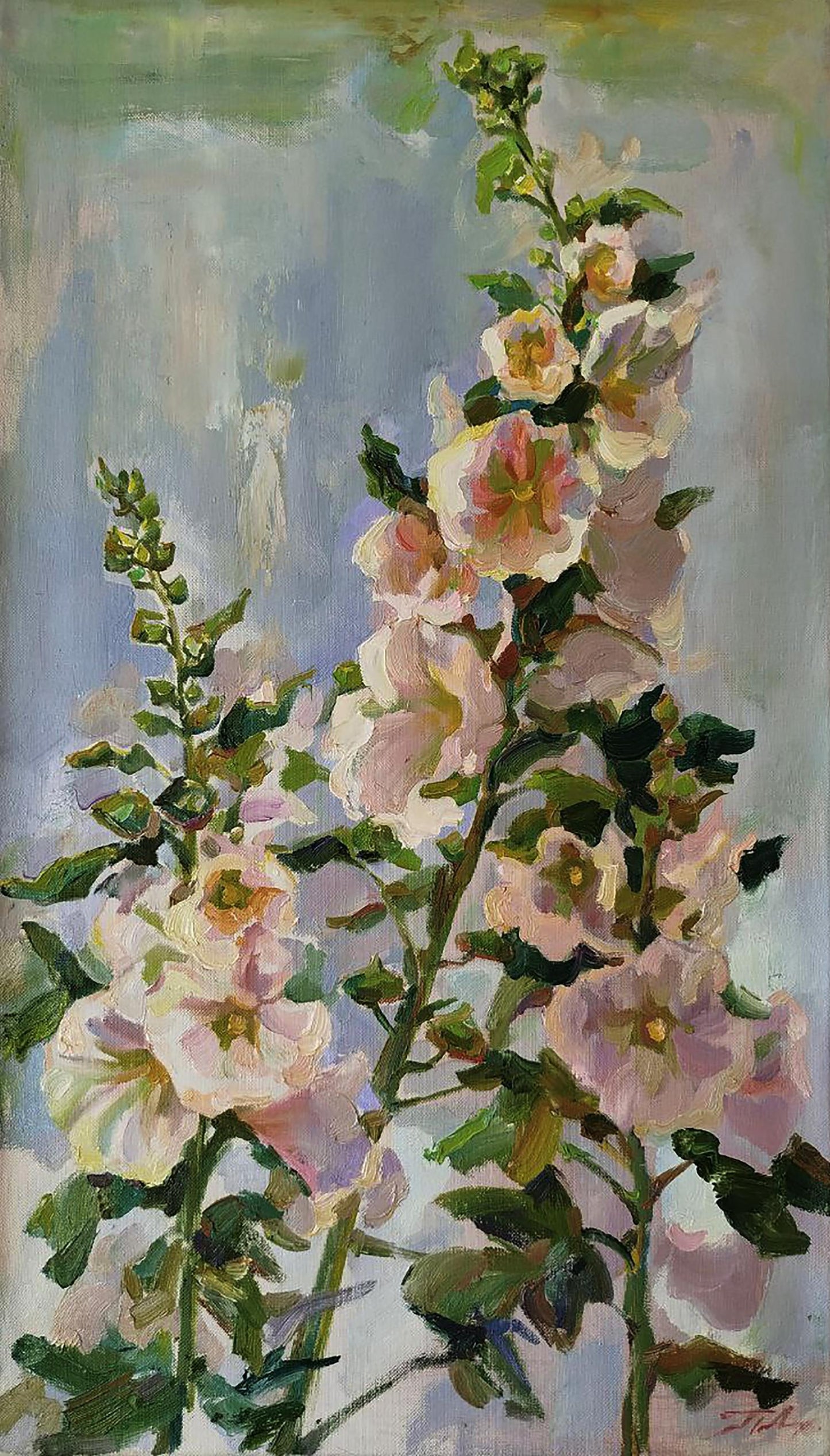 Impressionistic pink hollyhock oil painting by Leonid Pavlenko on blue-gray background