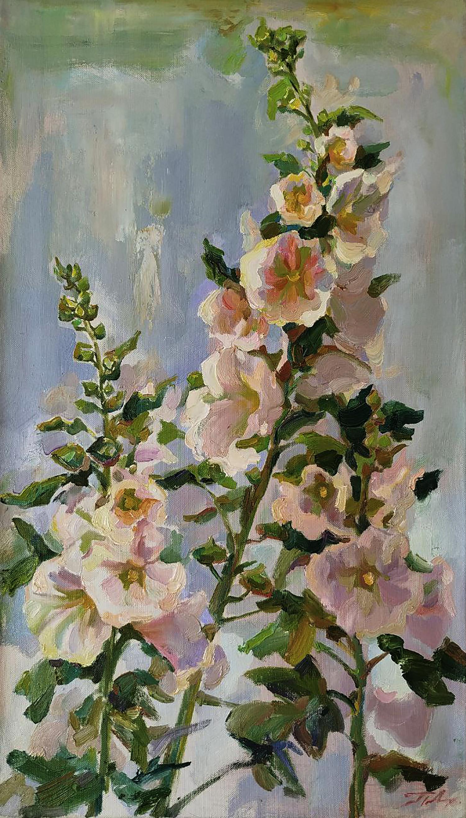 Impressionistic pink hollyhock oil painting by Leonid Pavlenko on blue-gray background