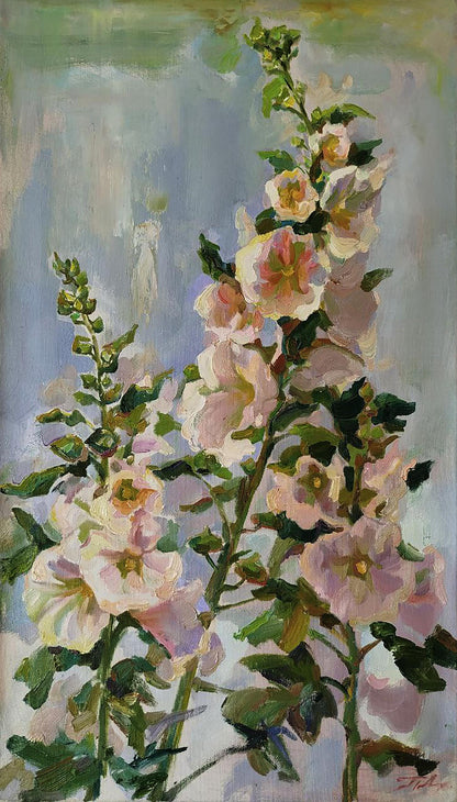 Impressionistic pink hollyhock oil painting by Leonid Pavlenko on blue-gray background