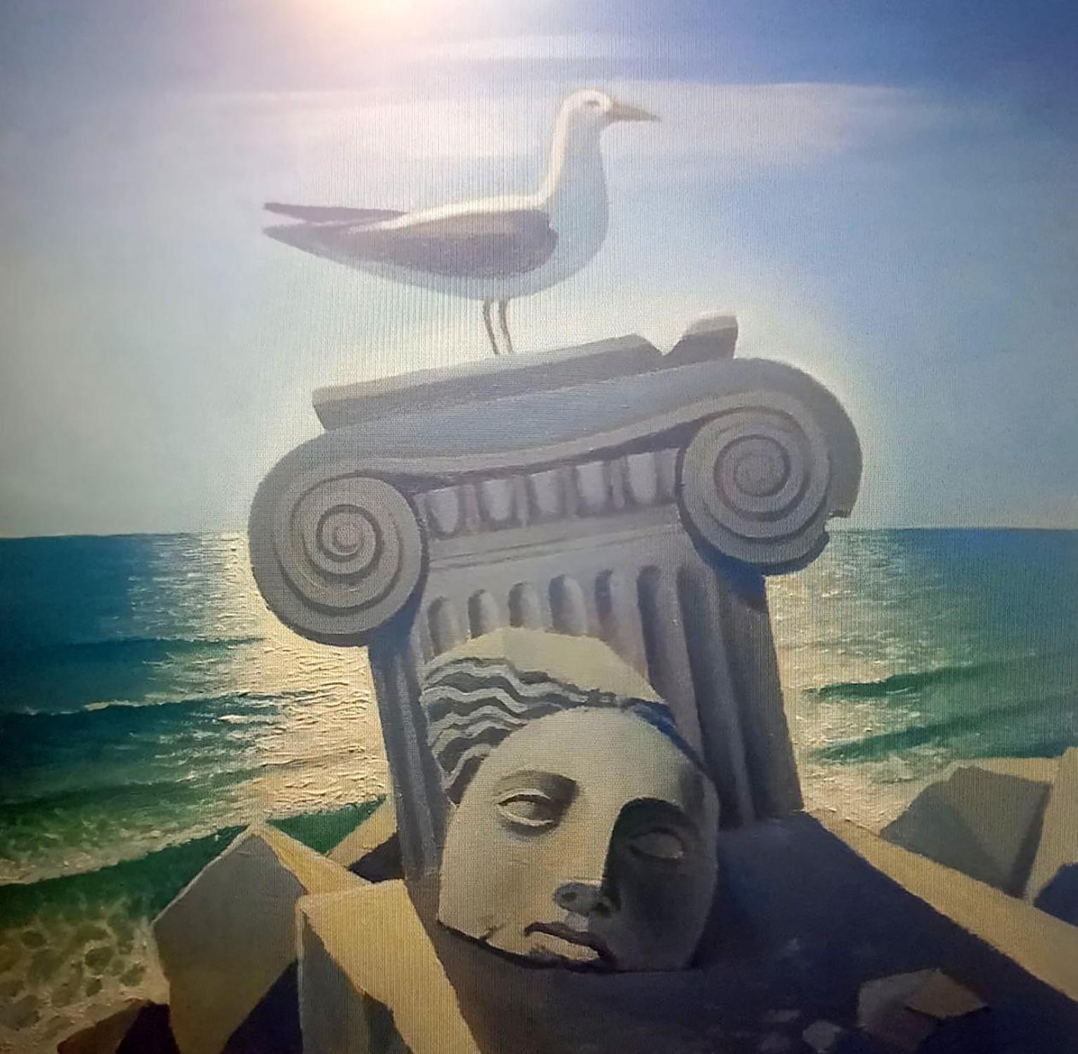 White gray seagull on ornate stone column in Alexander Strashevich oil painting