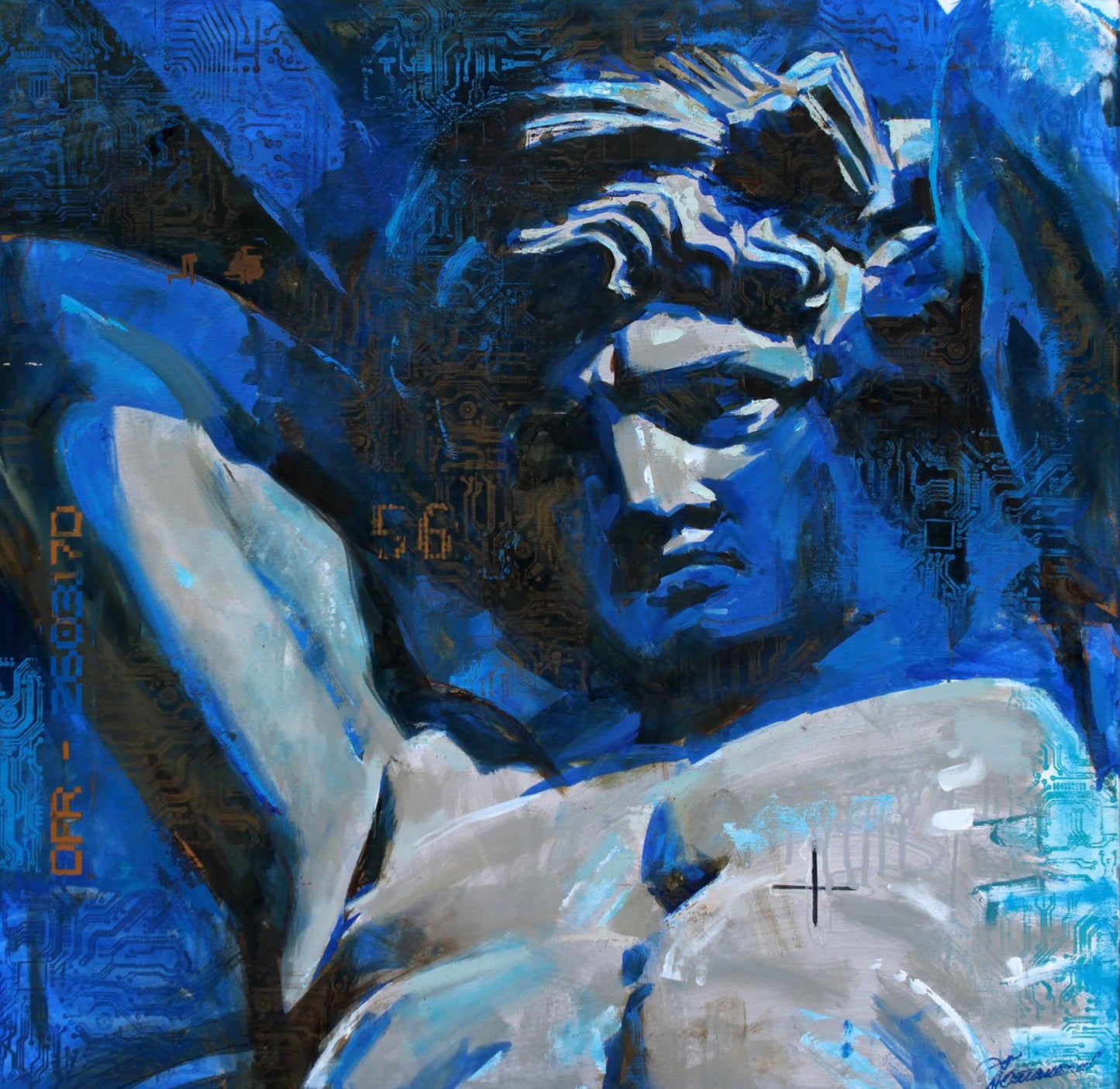 Oil painting Atlant Ed Potapenkov: blue white abstract statue on circuits