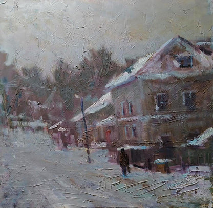 Snow-covered village houses by Opishnia Volodymyr Pashchenko oil painting