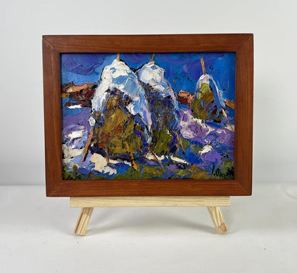 Oil painting Hay under the snow by Oksana Ivanyuk in wooden frame