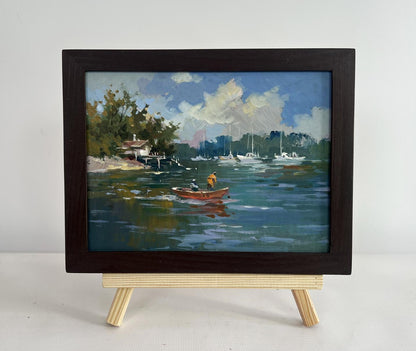 Oil painting At the summer yacht club by Yuriy Suprunchuk in wooden frame