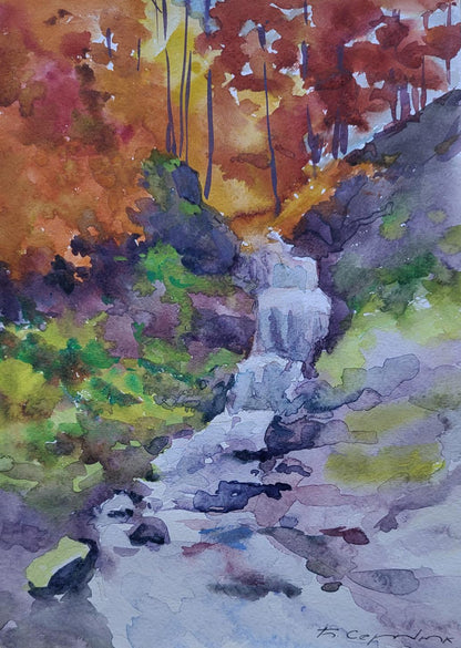 Watercolor painting Whispering Stream by Boris Serdyuk with autumn waterfall