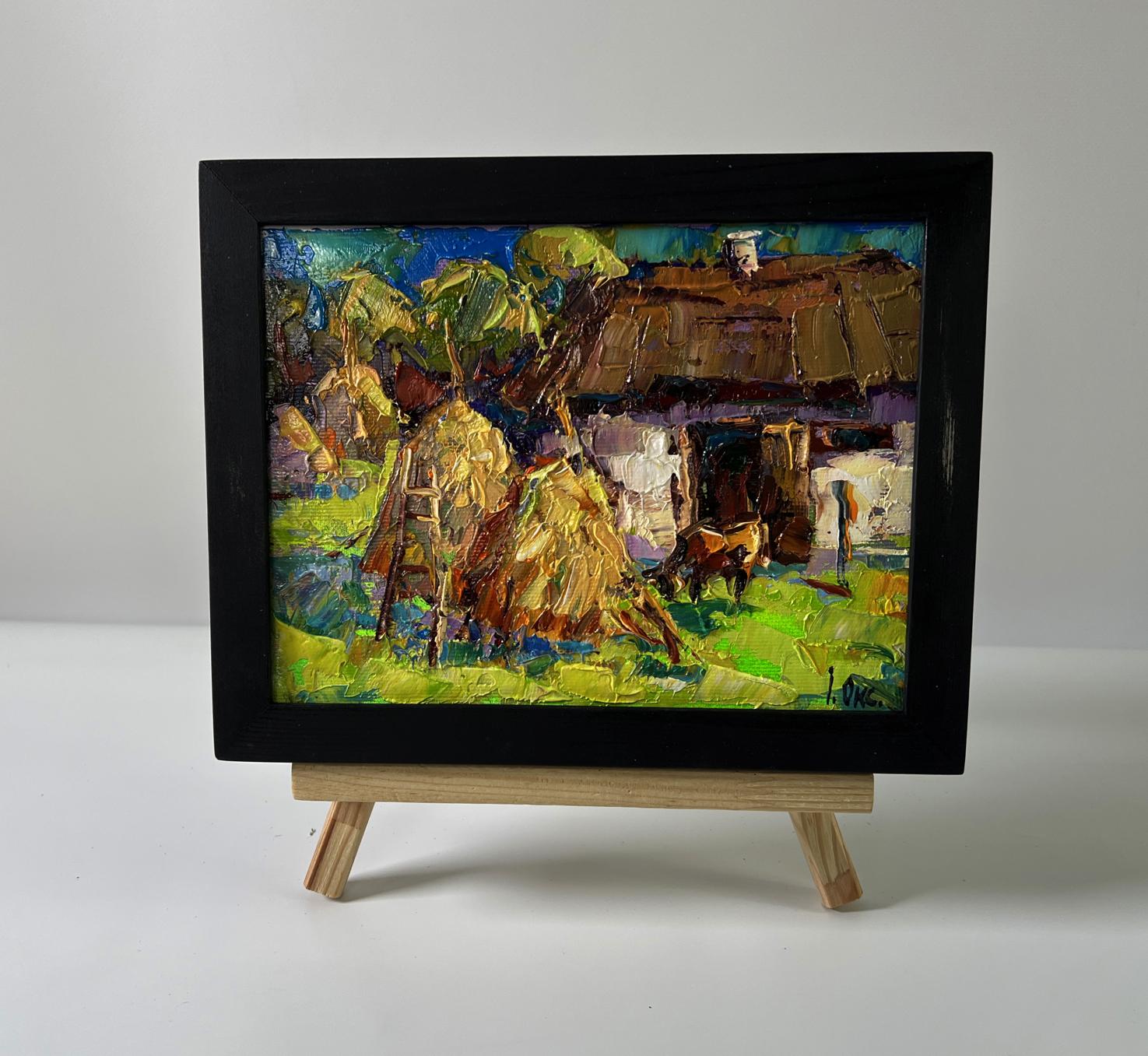 Oil painting Quiet village days by Oksana Ivanyuk in black frame