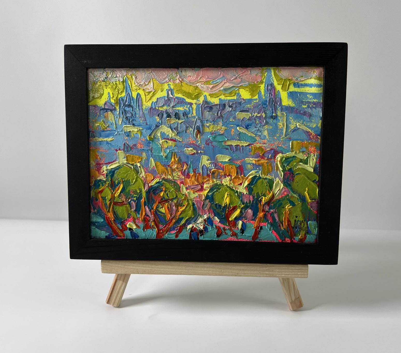 Oil painting Dynamics of the Solar City by Oleksiy Ivanyuk in black frame
