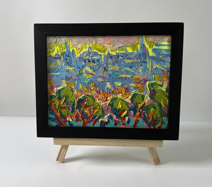 Oil painting Dynamics of the Solar City by Oleksiy Ivanyuk in black frame