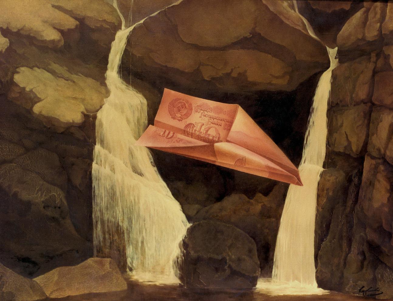 Pink paper airplane from Soviet 10-ruble banknote oil painting by Vasily Korkishko