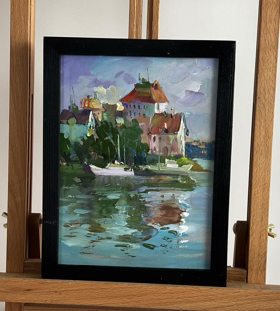 Framed impressionist oil painting of Yuriy Suprunchuk houses by the river
