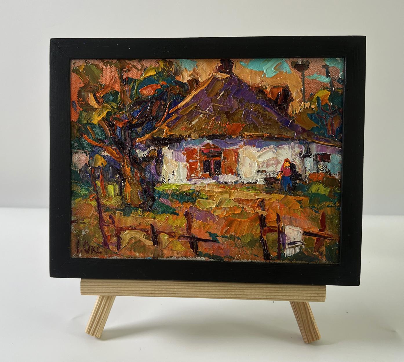 Oil painting Evening in the yard by Oksana Ivanyuk in black frame