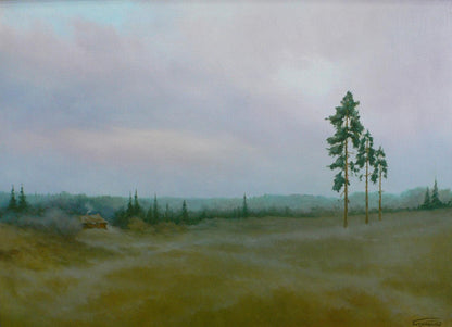 Serene oil painting of Vasily Korkishkos misty Hunters hut landscape