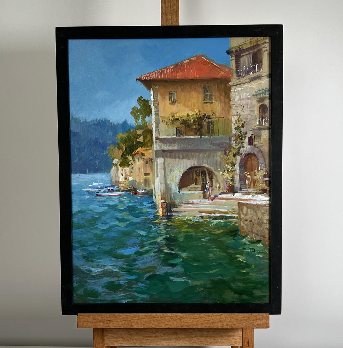 Oil painting Coastal Comfort by Yuriy Suprunchuk lakeside village scene