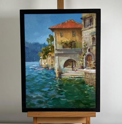 Oil painting Coastal Comfort by Yuriy Suprunchuk lakeside village scene