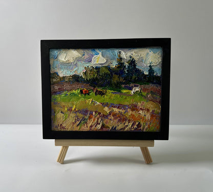 Oil painting Summer nature by Oksana Ivanyuk: vibrant impressionist fields and cows