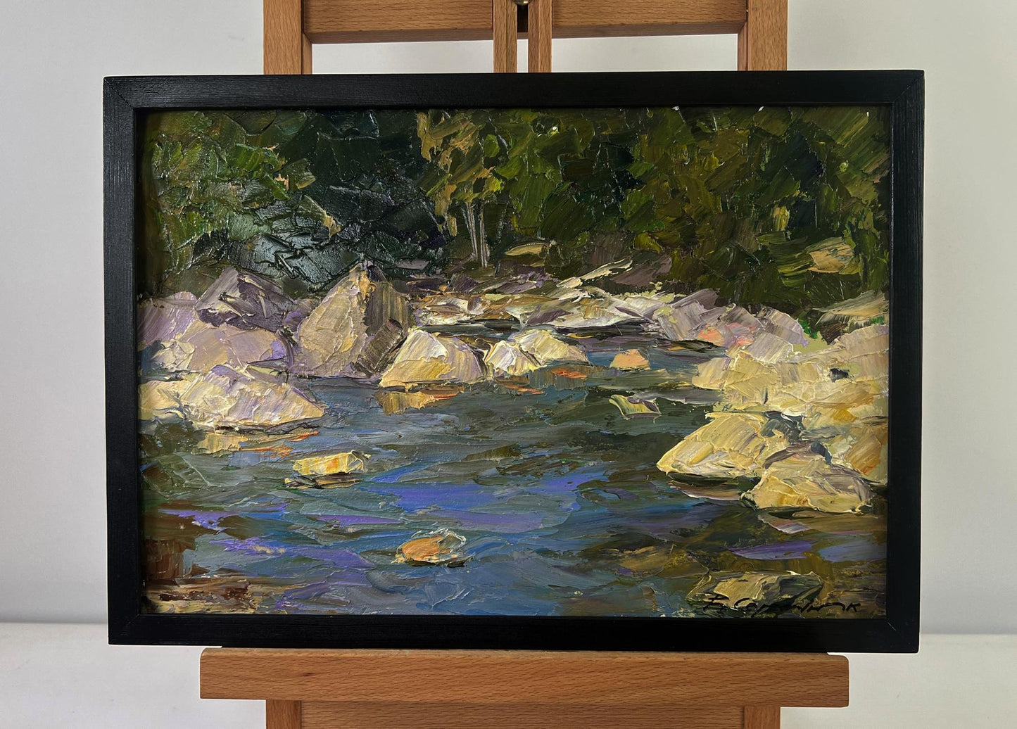 Oil painting Silent Whispers Between Green Shores by Boris Serdyuk in black frame