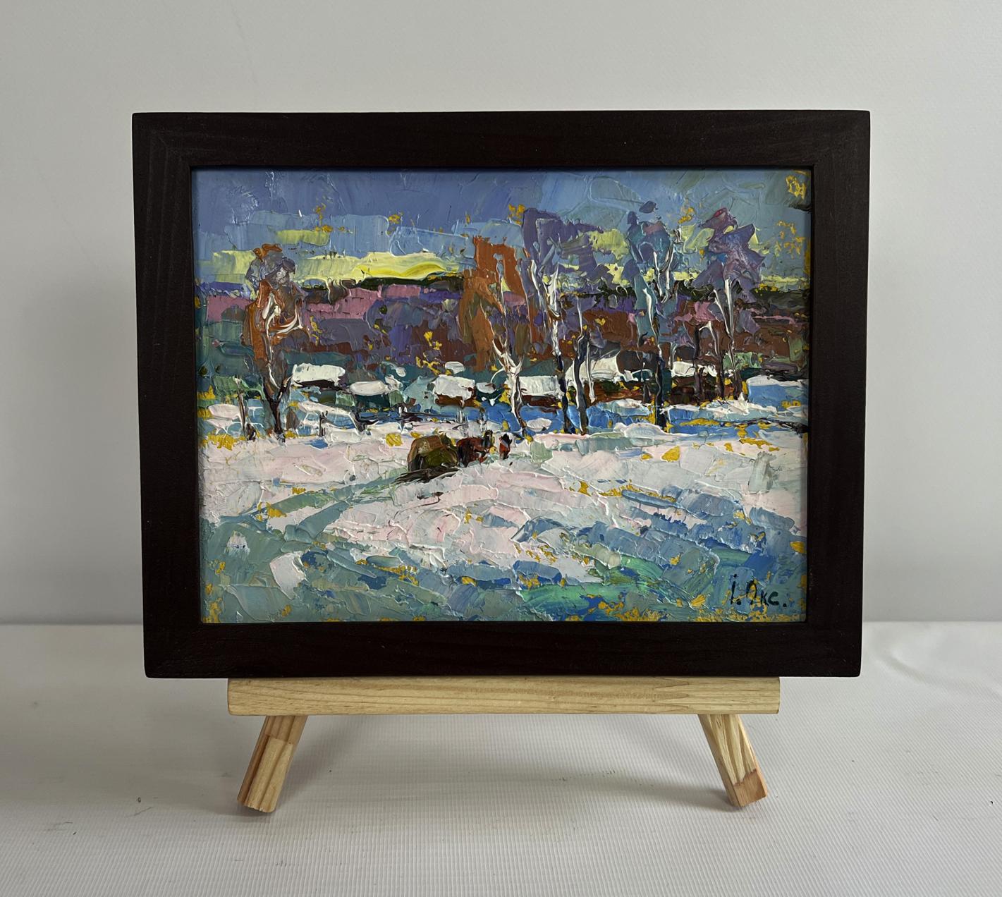 Oil painting Returning home with hay by Oksana Ivanyuk, impressionist winter landscape in black frame