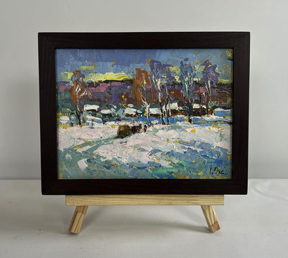 Oil painting Returning home with hay by Oksana Ivanyuk, impressionist winter landscape in black frame