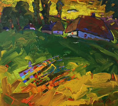 Vibrant Oleksiy Ivanyuk oil painting of rustic cottages in lush hills at warm evening