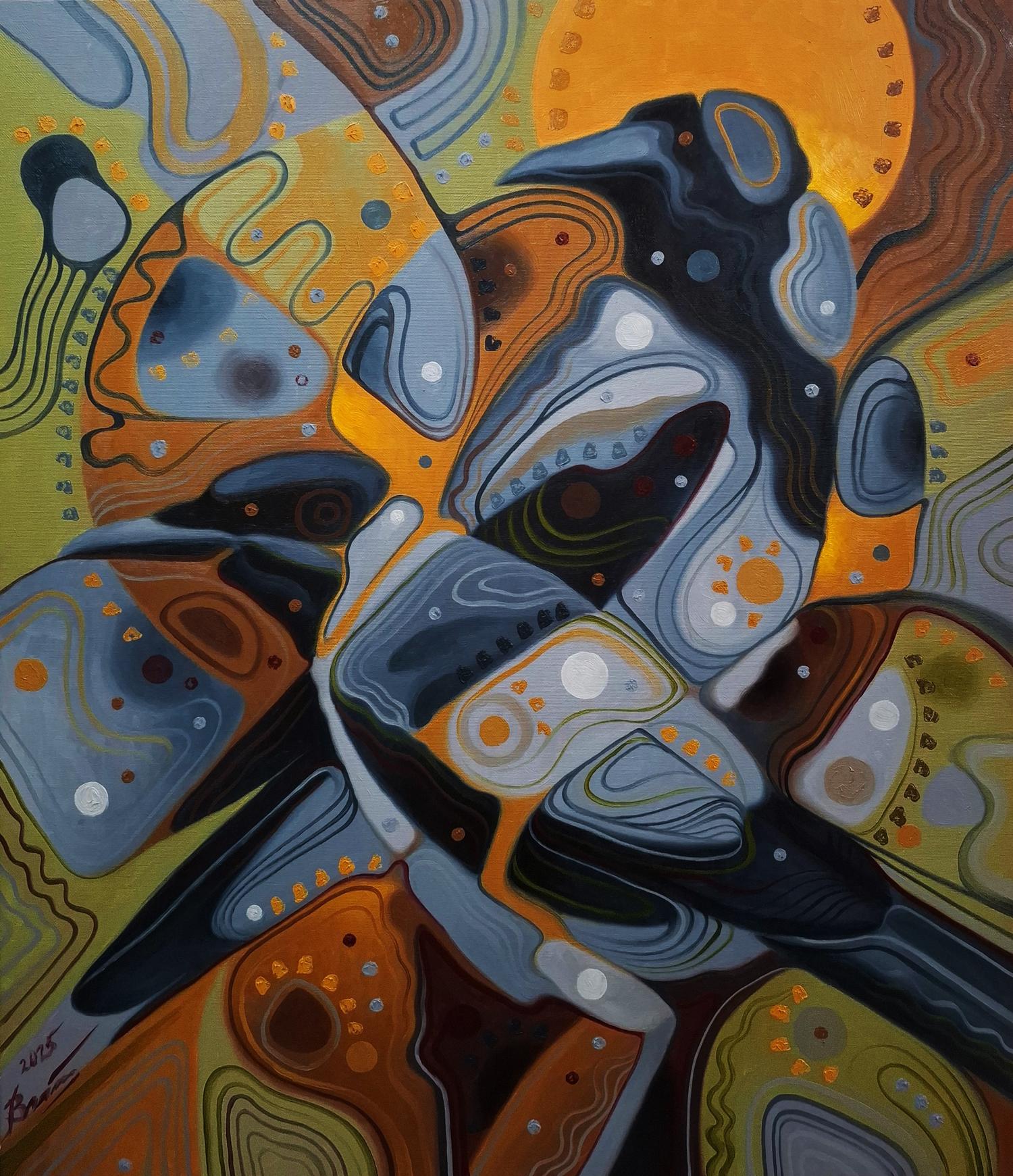 Abstract oil painting of gray crow patterns by Sergiy Voichenko