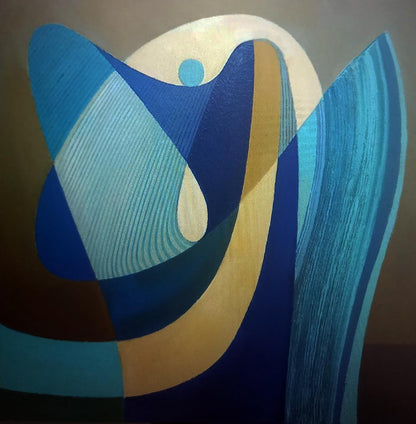 Oil painting Blue sculpture by Alexander Strashevich, blue and gold abstract curves