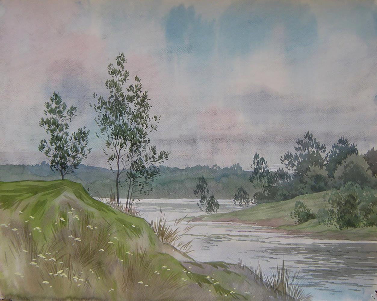 Watercolor painting Winding Summer River by Valery Savenets serene landscape