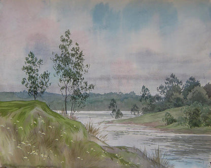 Watercolor painting Winding Summer River by Valery Savenets serene landscape