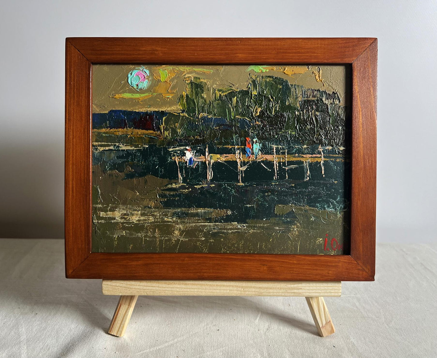 Rustic oil painting of romantic lakeside get-together by Oksana Ivanyuk