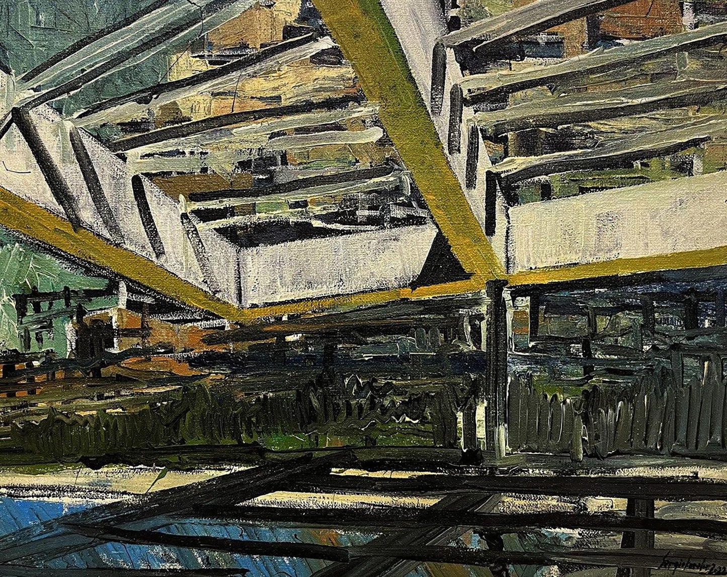 Oil painting Safe places by Serhiy Kovalev with textured greens, grays, yellow accents