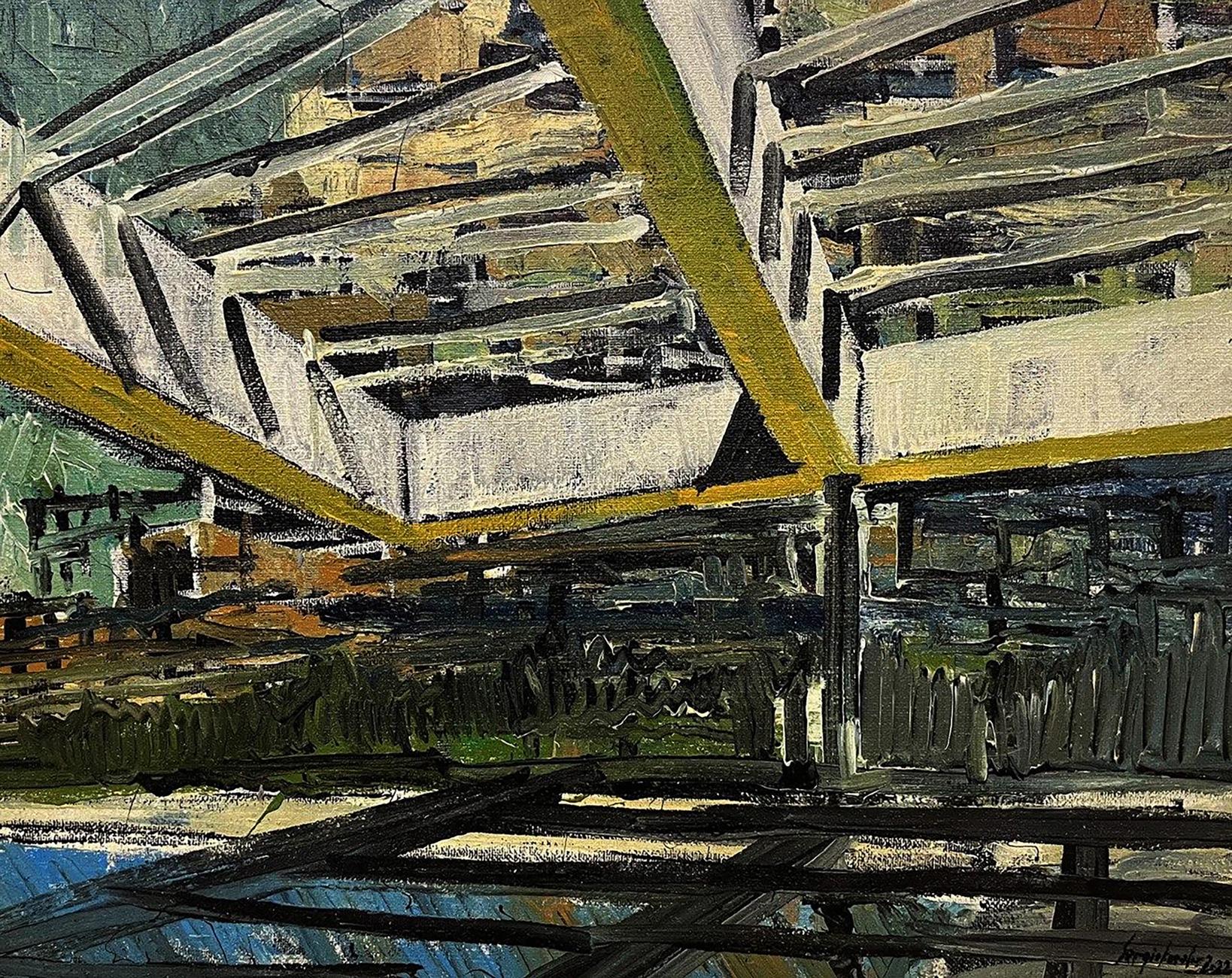 Oil painting Safe places by Serhiy Kovalev with textured greens, grays, yellow accents