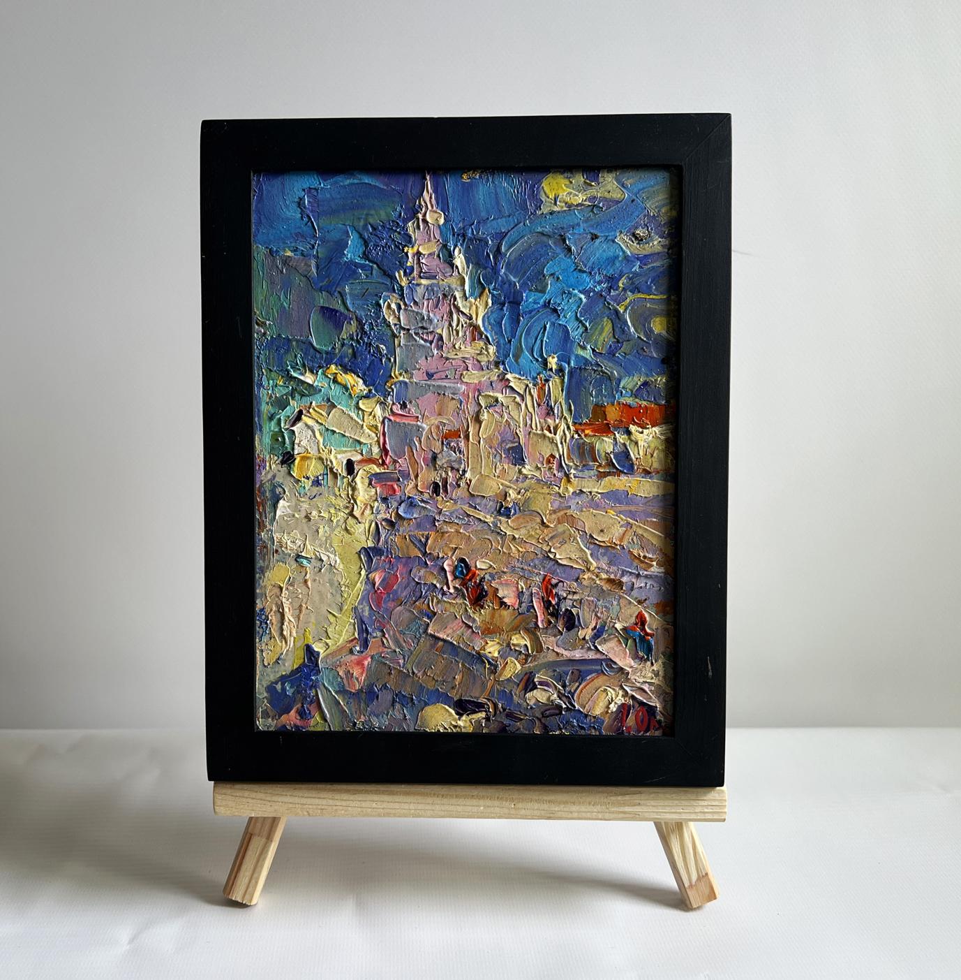 Vibrant oil painting of city tower castle in blues, purples by Oleksiy Ivanyuk, black frame