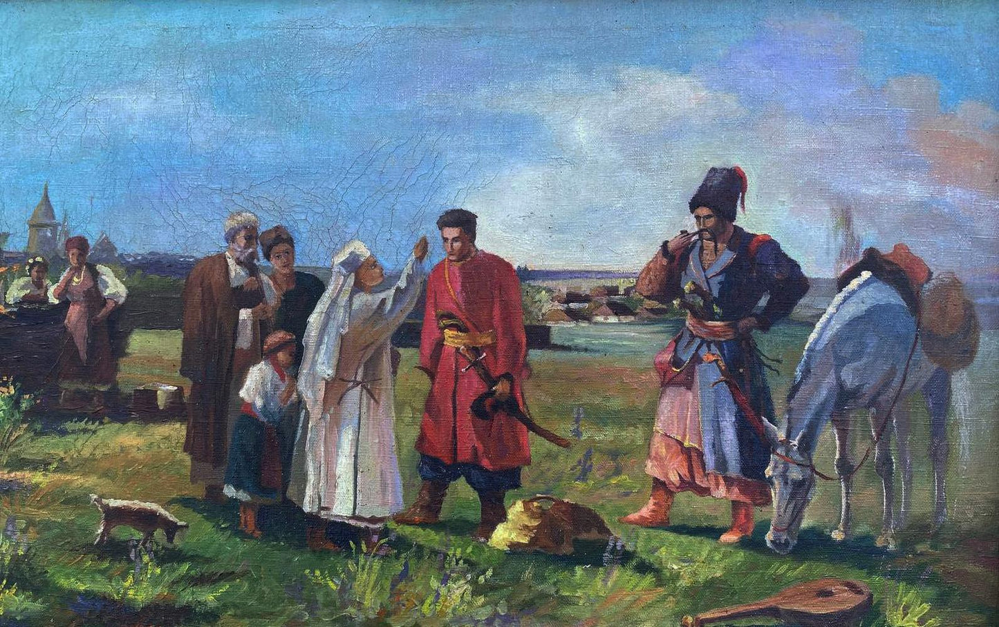 Oil painting of Eastern Europeans in traditional attire sending off to war