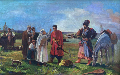 Oil painting of Eastern Europeans in traditional attire sending off to war