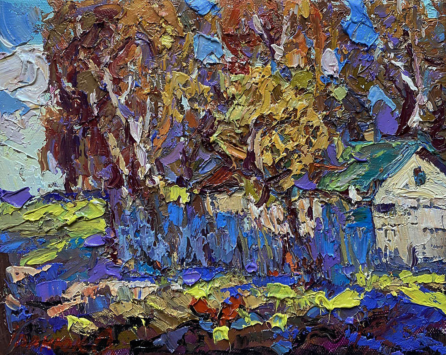Vibrant impressionist oil painting Autumn time in the village by Oleksiy Ivanyuk