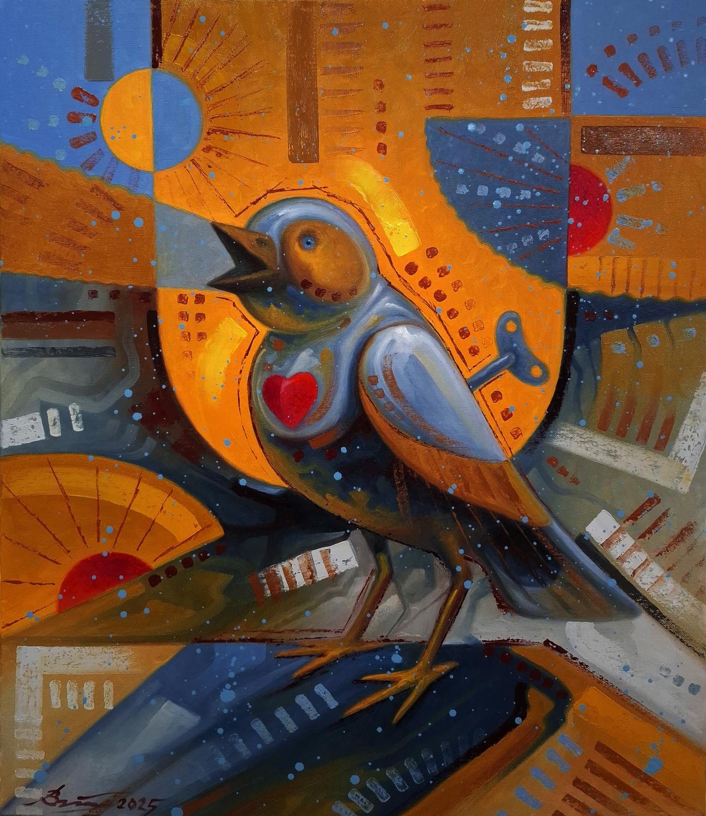 Oil painting The bird is singing by Sergiy Voichenko stylized blue orange bird