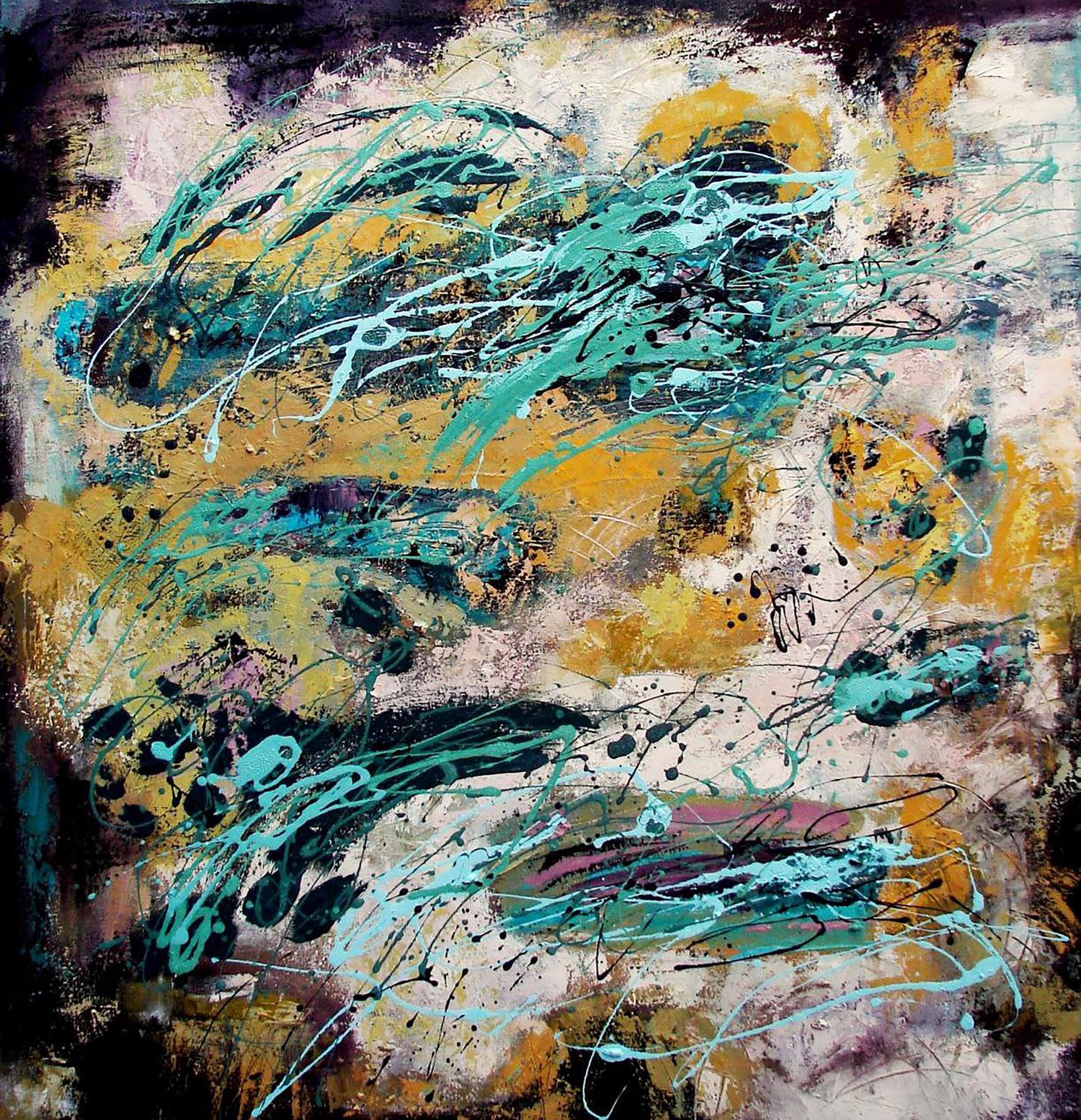 Oil painting Green and yellow by Tatyana Shulyak, teal and yellow brushstrokes