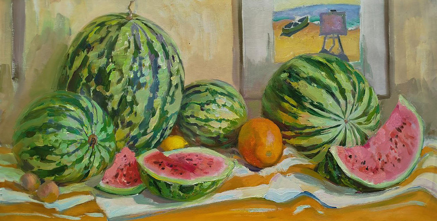 Oil painting Table of watermelons by Leonid Pavlenko vibrant still life
