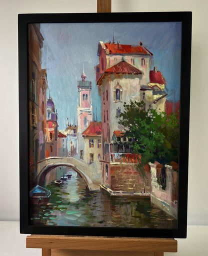 Oil painting City in the reflection of water by Yuriy Suprunchuk canal scene